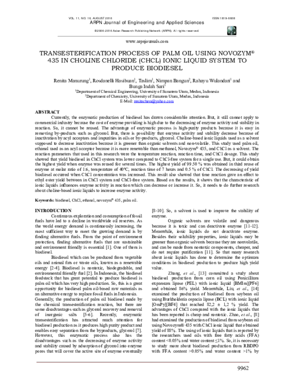 (PDF) Transesterification Process of Palm Oil Using Novozym® 435 in ...