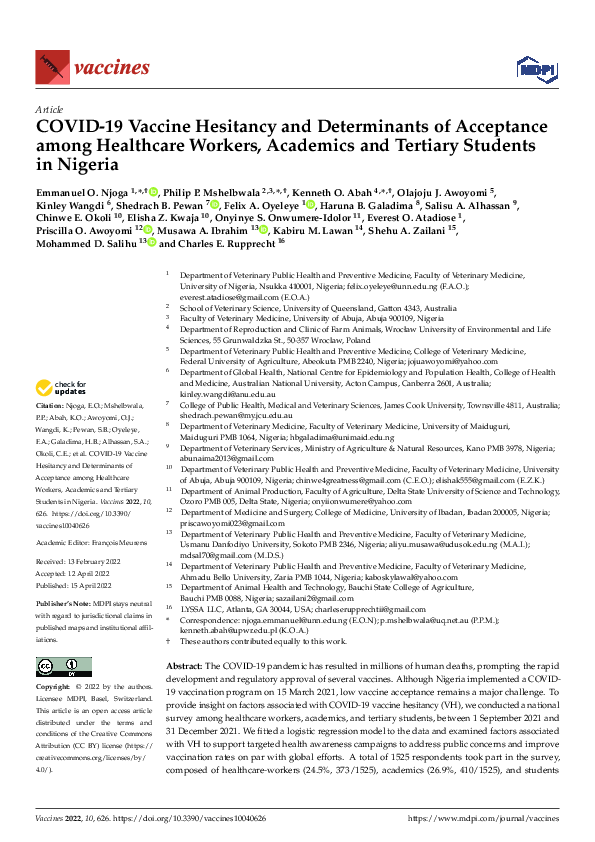 (PDF) COVID-19 Vaccine Hesitancy and Determinants of Acceptance among ...