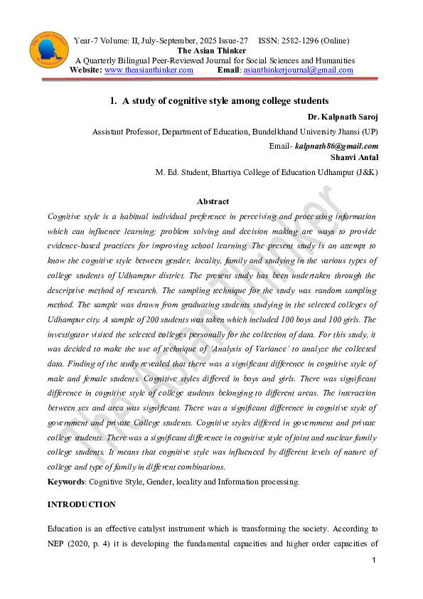(PDF) A Study of Cognitive Style among College Students