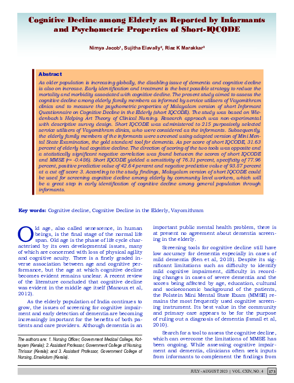 (PDF) Cognitive Decline among Elderly as Reported by Informants and ...
