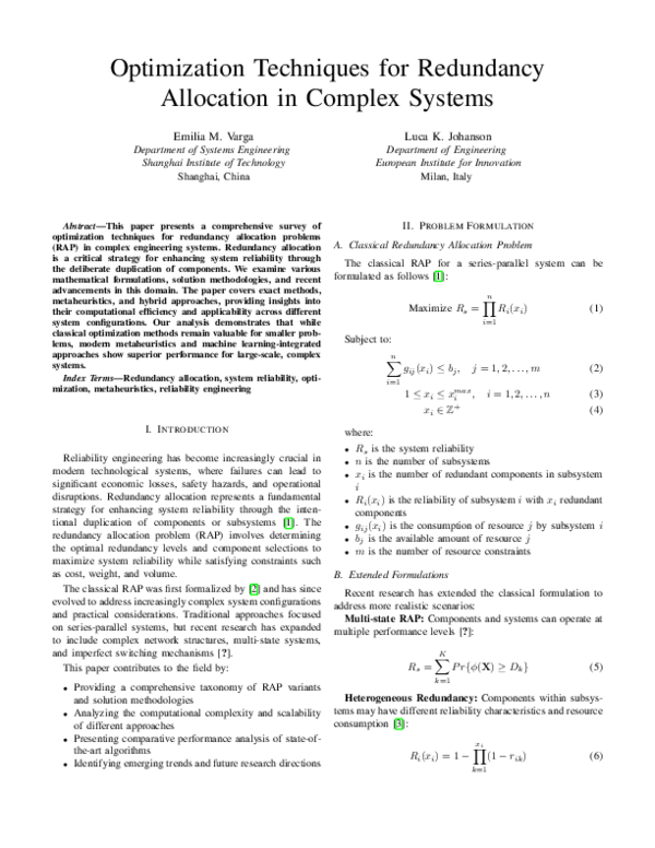 (PDF) Optimization Techniques for Redundancy Allocation in Complex Systems