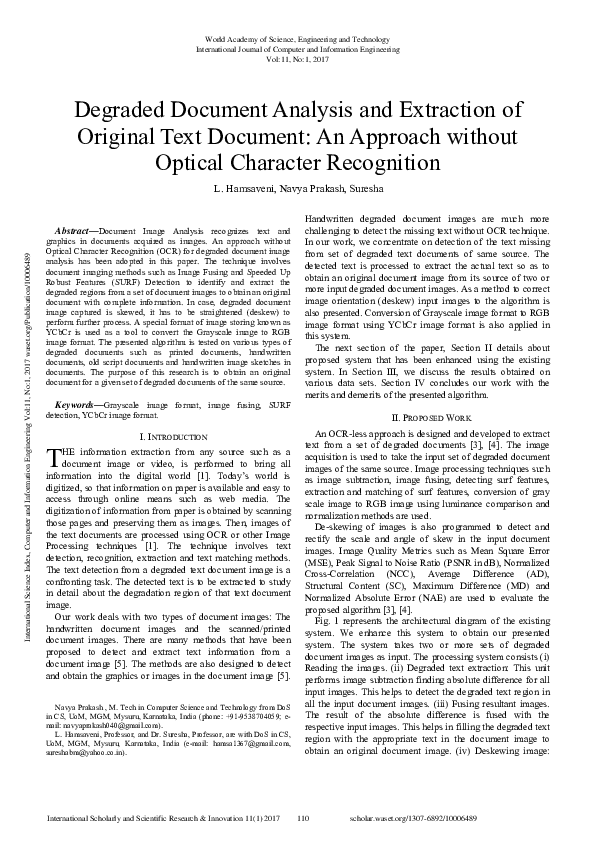 (PDF) Degraded Document Analysis And Extraction Of Original Text ...