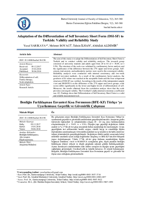(PDF) Adaptation of the Differentiation of Self Inventory Short Form ...