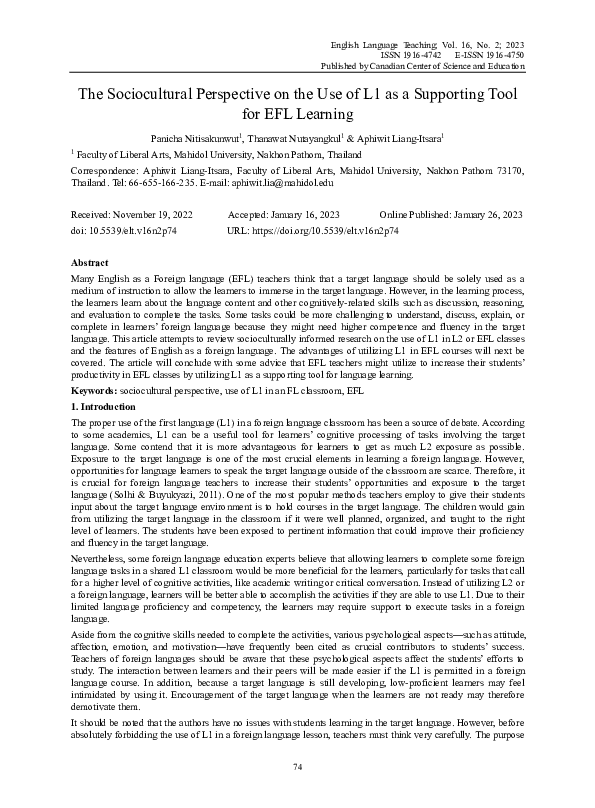 (PDF) The Sociocultural Perspective on the Use of L1 as a Supporting ...