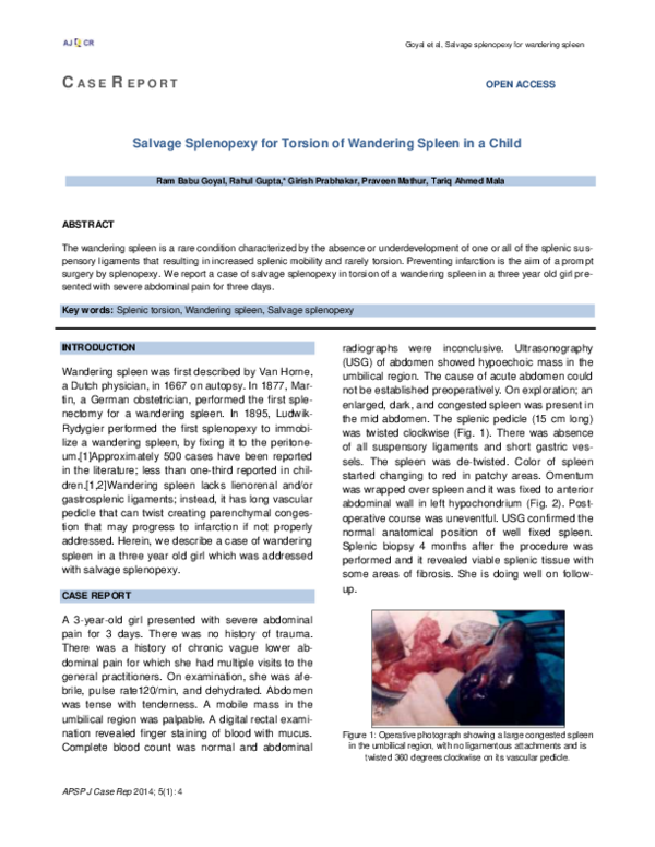(PDF) Salvage Splenopexy for Torsion of Wandering Spleen in a Child