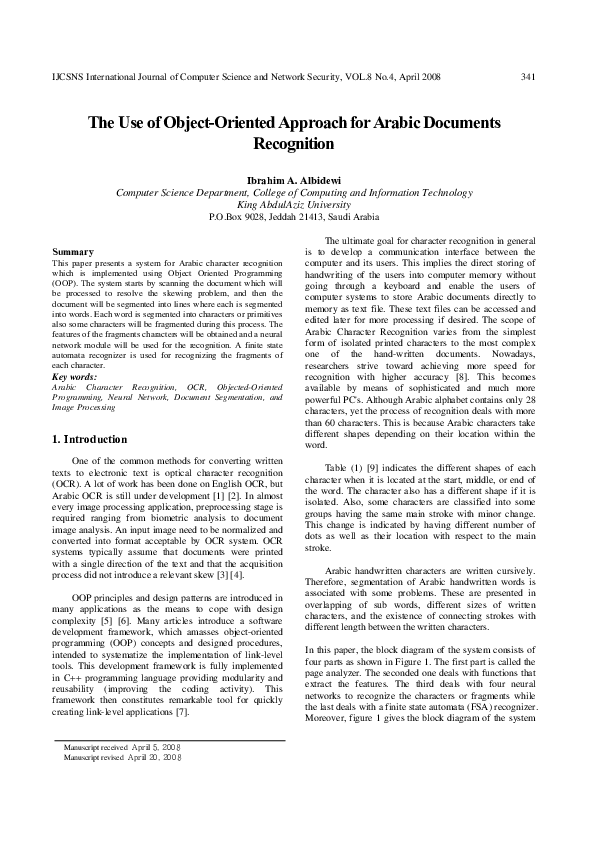 (PDF) The Use of Object-Oriented Approach for Arabic Documents Recognition