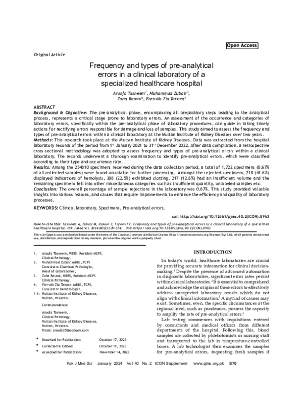 (PDF) Frequency and types of pre-analytical errors in a clinical ...