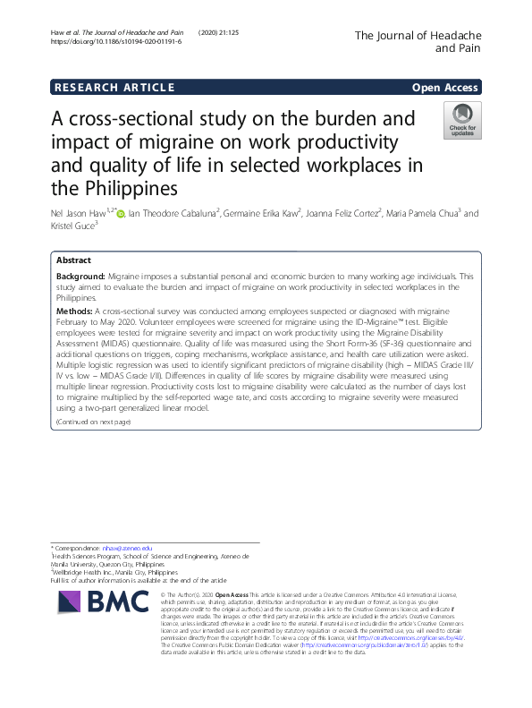 (PDF) A cross-sectional study on the burden and impact of migraine on ...