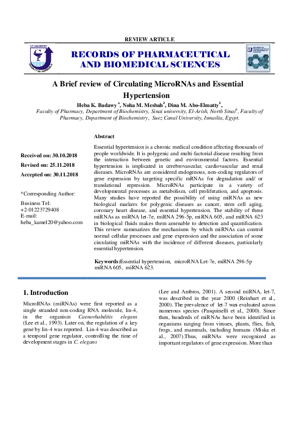 (PDF) A Brief review of Circulating MicroRNAs and Essential Hypertension