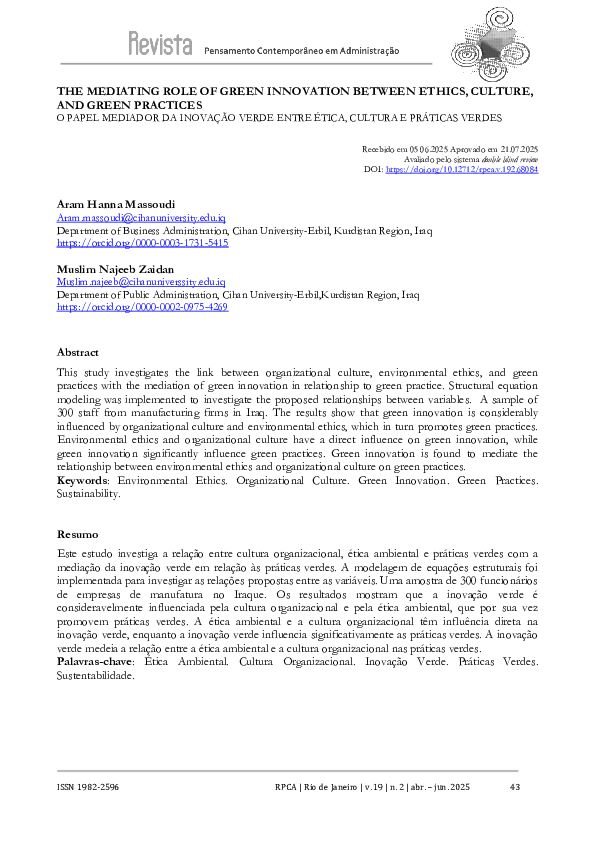 (PDF) THE MEDIATING ROLE OF GREEN INNOVATION BETWEEN ETHICS, CULTURE ...