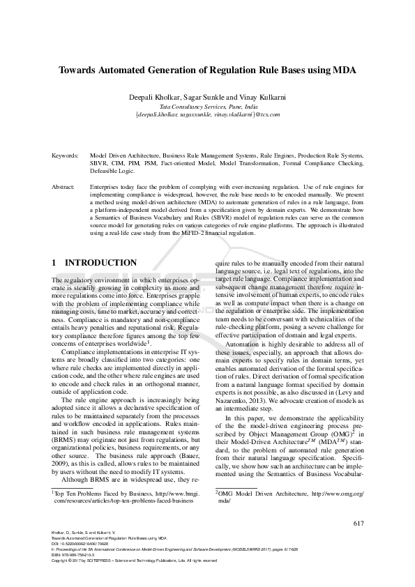 (PDF) Towards Automated Generation of Regulation Rule Bases using MDA