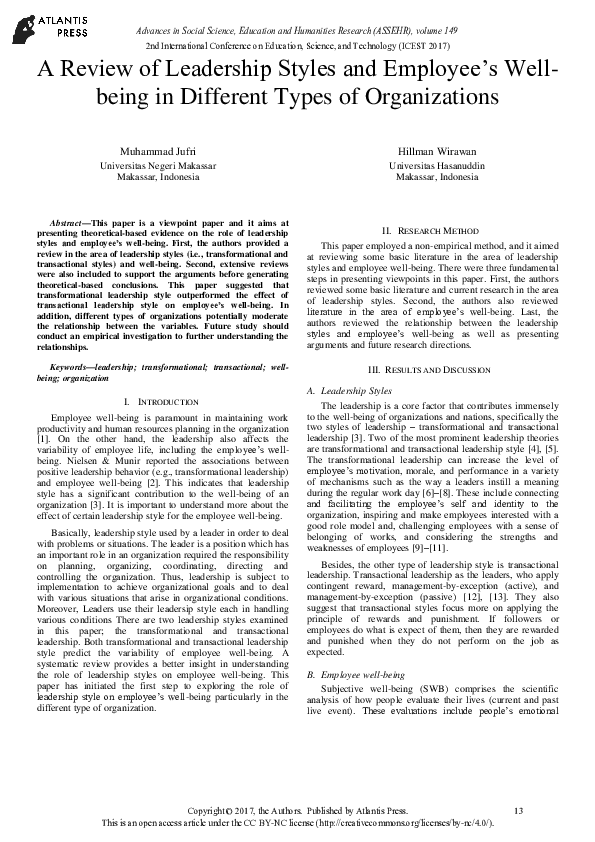 (PDF) A Review of Leadership Styles and Employee's Well-being in ...