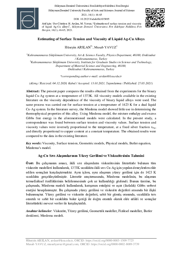 (PDF) Estimating of Surface Tension and Viscosity of Liquid Ag-Cu Alloys