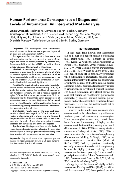 (PDF) Human Performance Consequences of Stages and Levels of Automation