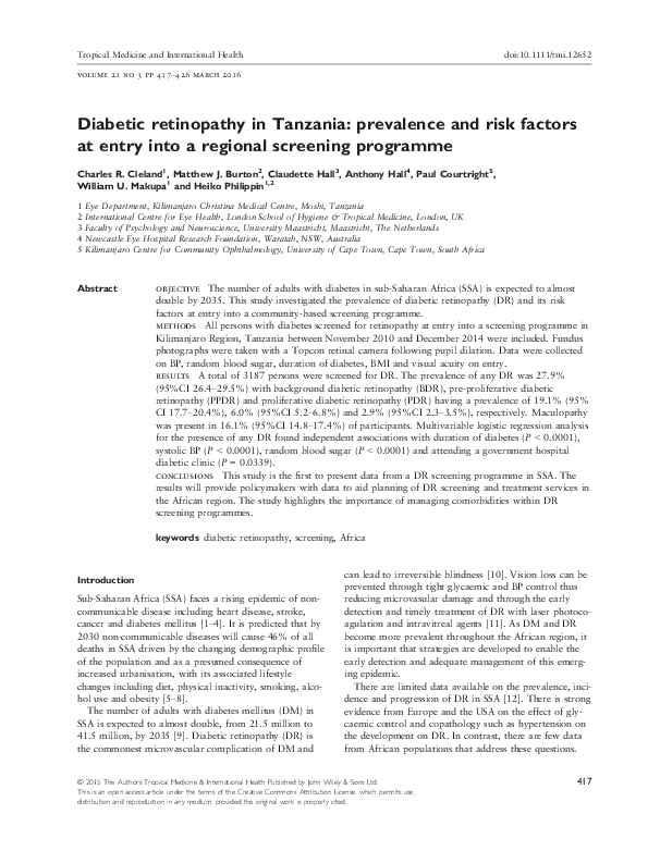 (PDF) Diabetic retinopathy in Tanzania: prevalence and risk factors at ...