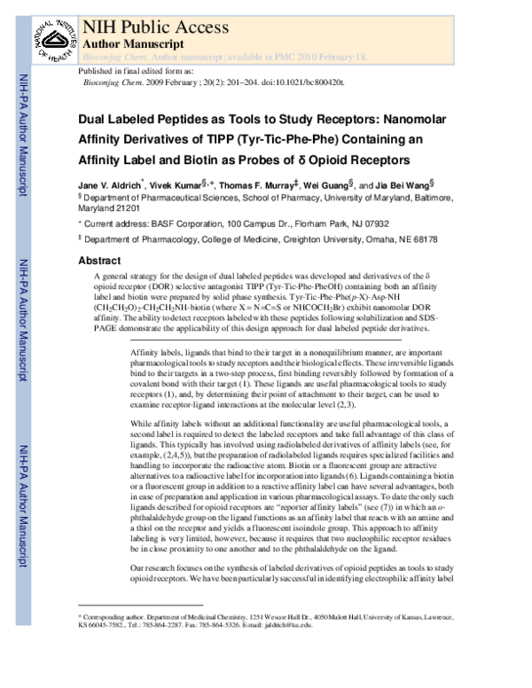 (PDF) Dual Labeled Peptides as Tools to Study Receptors: Nanomolar ...
