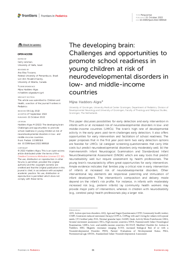 (PDF) The developing brain: Challenges and opportunities to promote ...