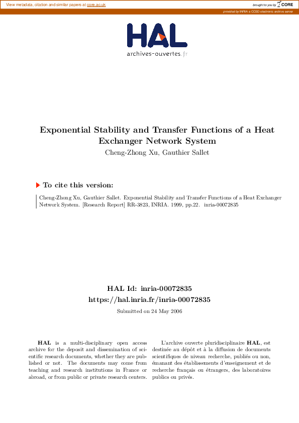 (PDF) Exponential Stability and Transfer Functions of a Heat Exchanger ...