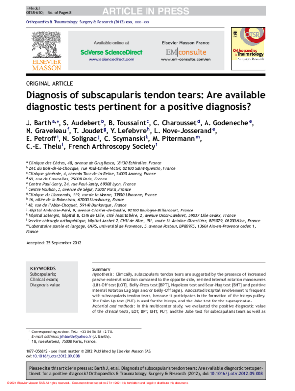 (PDF) Diagnosis of subscapularis tendon tears: Are available diagnostic ...