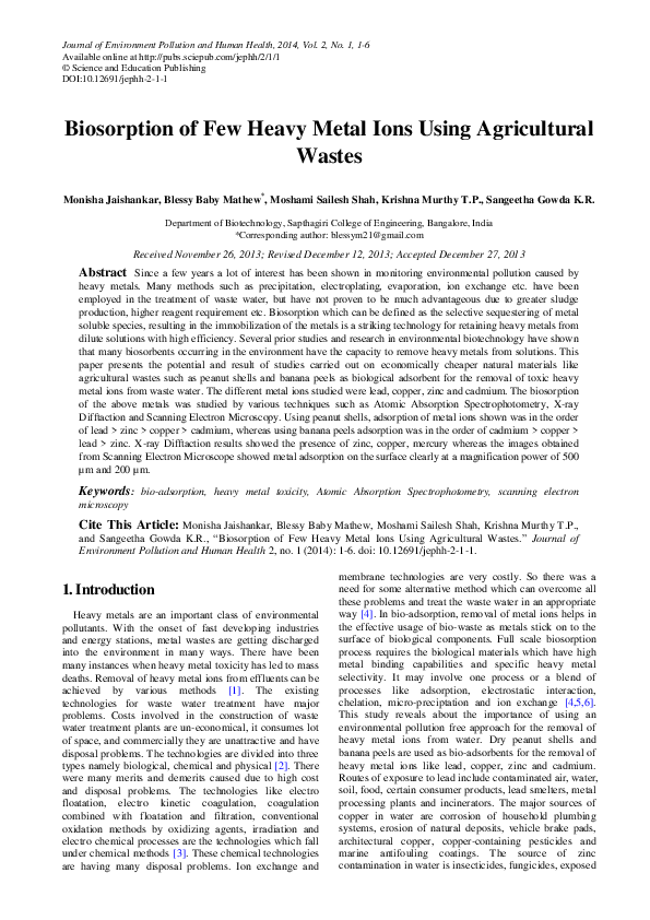 (PDF) Biosorption of Few Heavy Metal Ions Using Agricultural Wastes