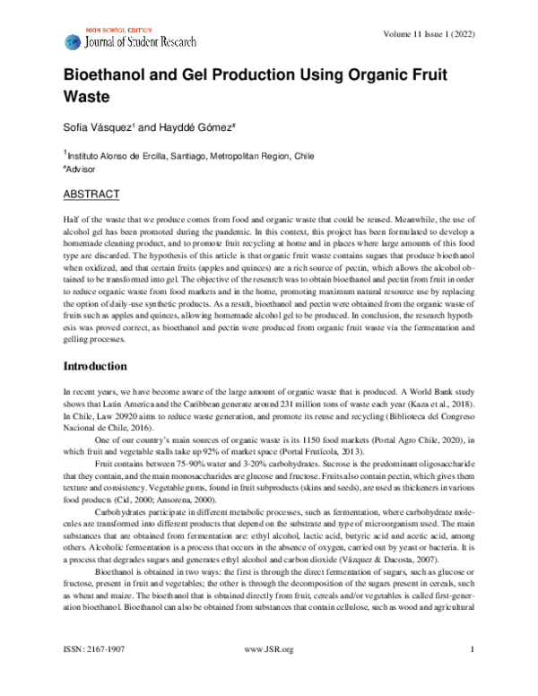 (PDF) Bioethanol and Gel Production using Organic Fruit Waste