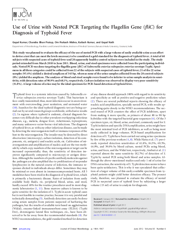 (PDF) Use of Urine with Nested PCR Targeting the Flagellin Gene ( fliC ...