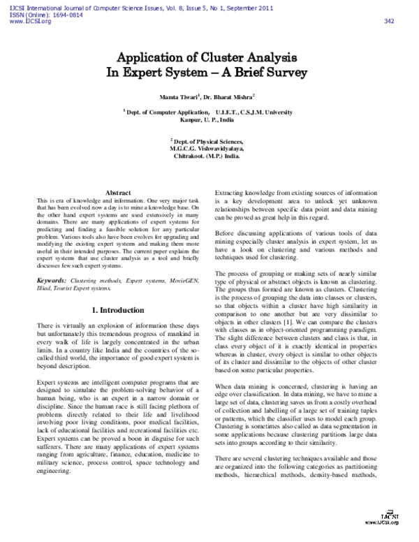 (PDF) Application of Cluster Analysis In Expert System A Brief Survey