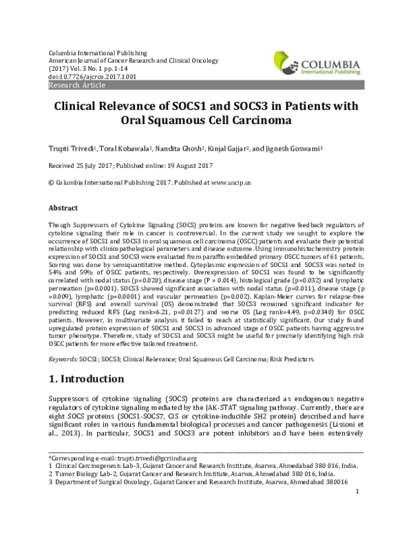 (PDF) Clinical Relevance of SOCS1 and SOCS3 in Patients with Oral ...