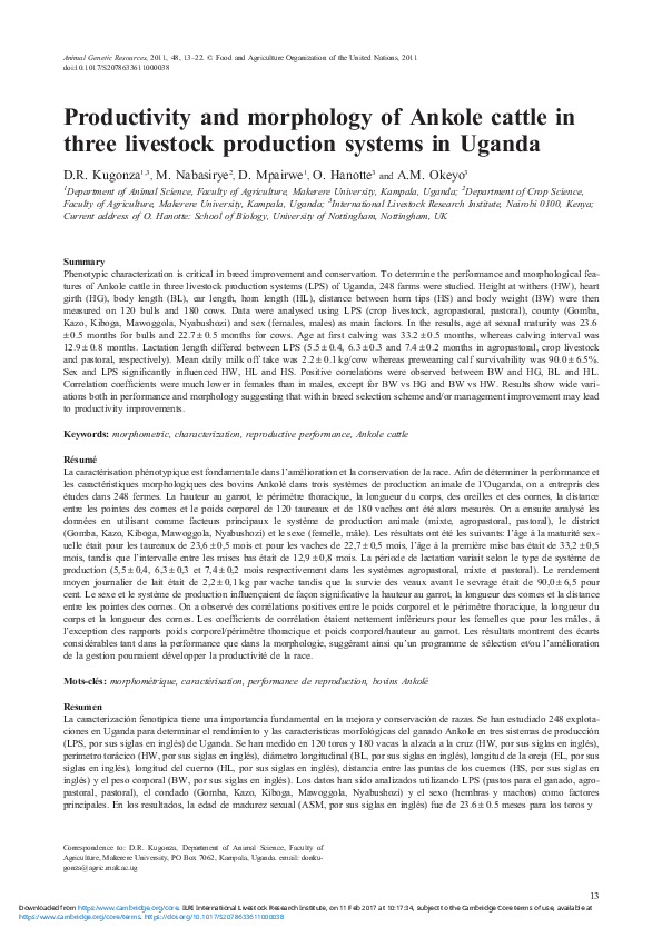 (PDF) Productivity and morphology of Ankole cattle in three livestock ...