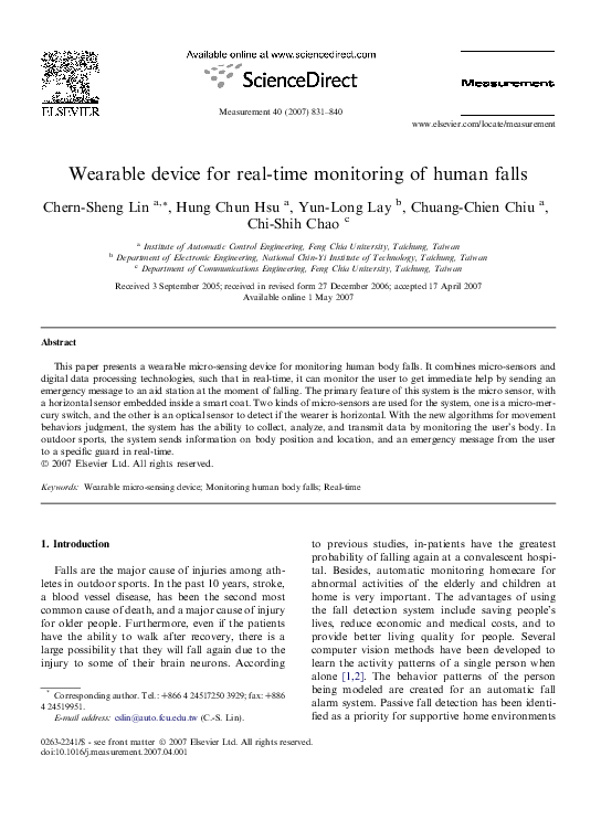 (PDF) Wearable device for real-time monitoring of human falls