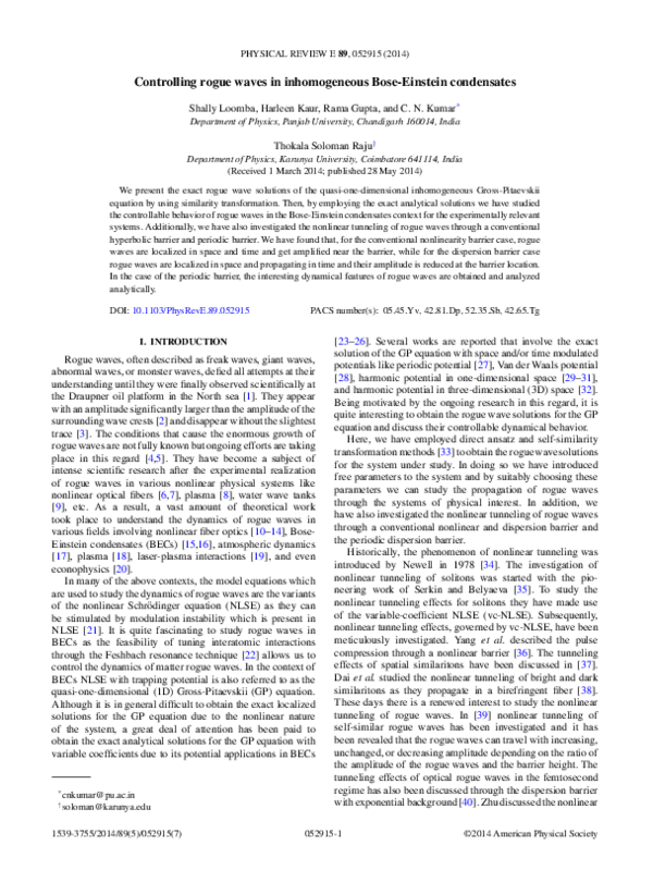 (PDF) Controlling rogue waves in inhomogeneous Bose-Einstein condensates