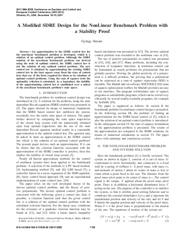(PDF) A modified SDRE design for the nonlinear benchmark problem with a ...