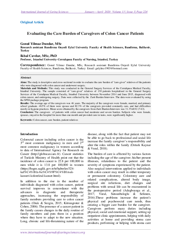 (PDF) Evaluating the Care Burden of Caregivers of Colon Cancer Patients