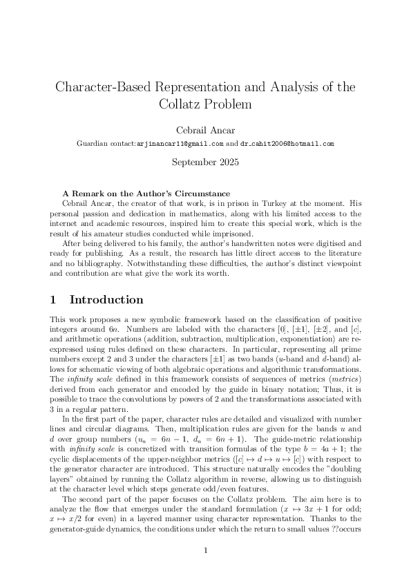 (PDF) Character-Based Representation and Analysis of the Collatz Problem
