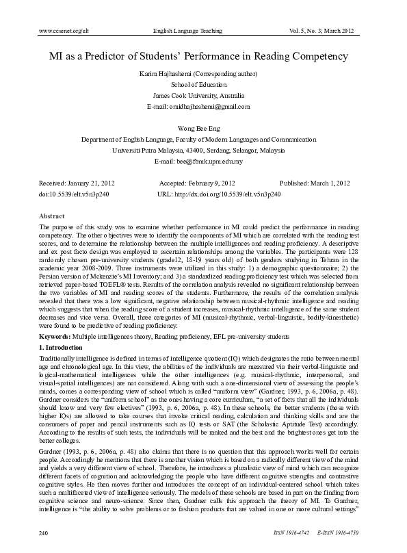 (PDF) MI as a Predictor of Students’ Performance in Reading Competency