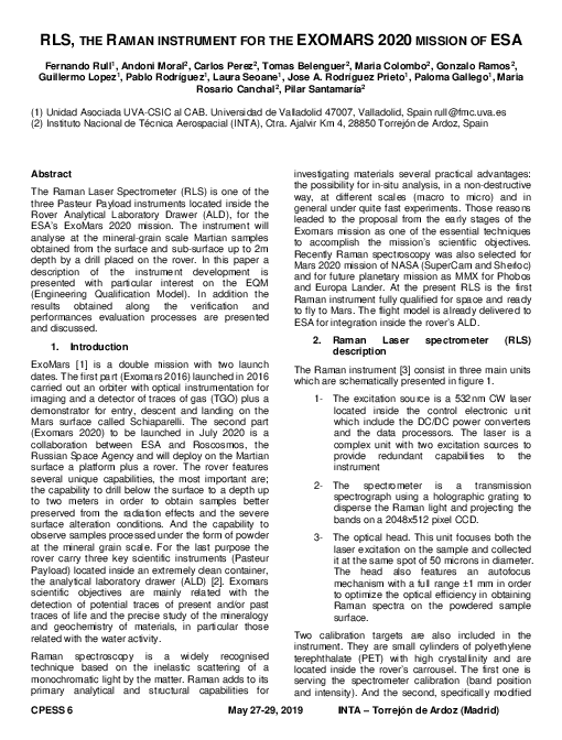 (PDF) RLS , the Raman Instrument for the Exomars 2020 Mission of Esa