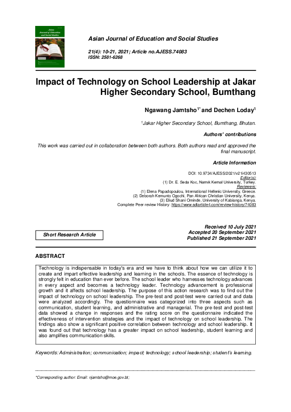 (PDF) Impact of Technology on School Leadership at Jakar Higher ...