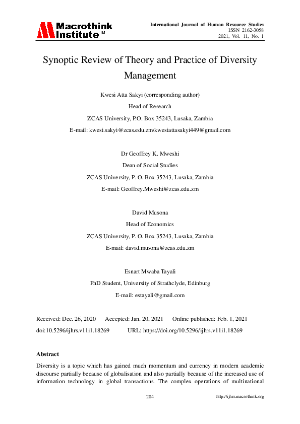 (PDF) Synoptic Review of Theory and Practice of Diversity Management