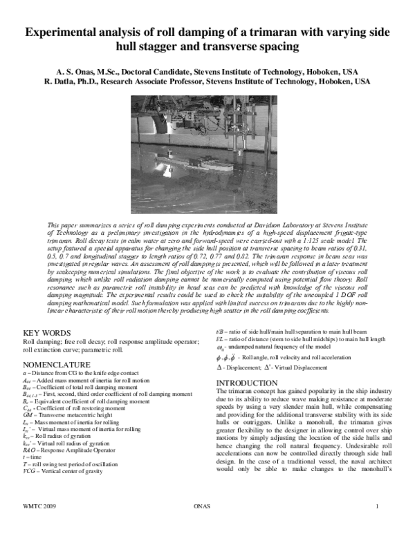 (PDF) Experimental analysis of roll damping of a trimaran with varying ...