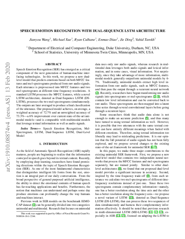 (PDF) Speech Emotion Recognition with Dual-Sequence LSTM Architecture