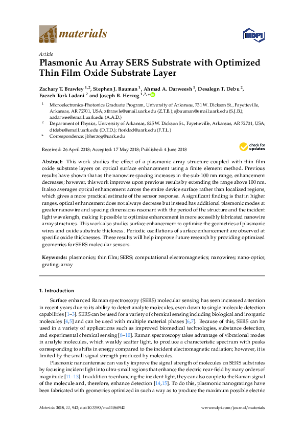 (PDF) Plasmonic Au Array SERS Substrate with Optimized Thin Film Oxide ...