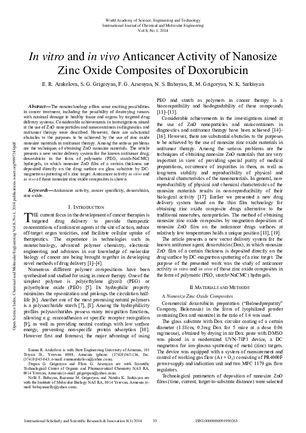 (PDF) In Vitro And In Vivo Anticancer Activity Of Nanosize Zinc Oxide ...