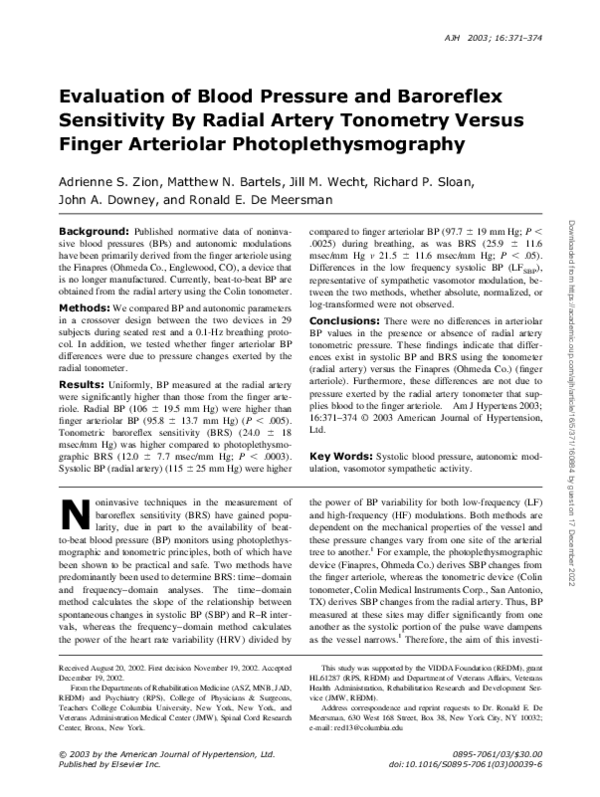(PDF) Evaluation of blood pressure and baroreflex sensitivity by radial ...
