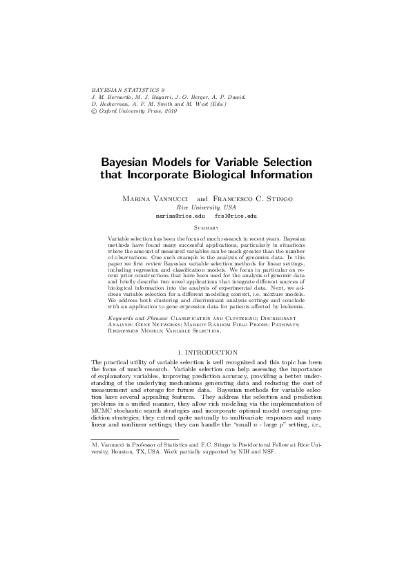 (PDF) Bayesian Models for Variable Selection that Incorporate ...