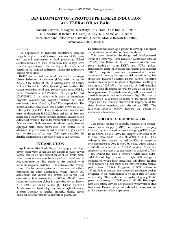 (PDF) Development of a Prototype Linear Induction Accelerator at BARC