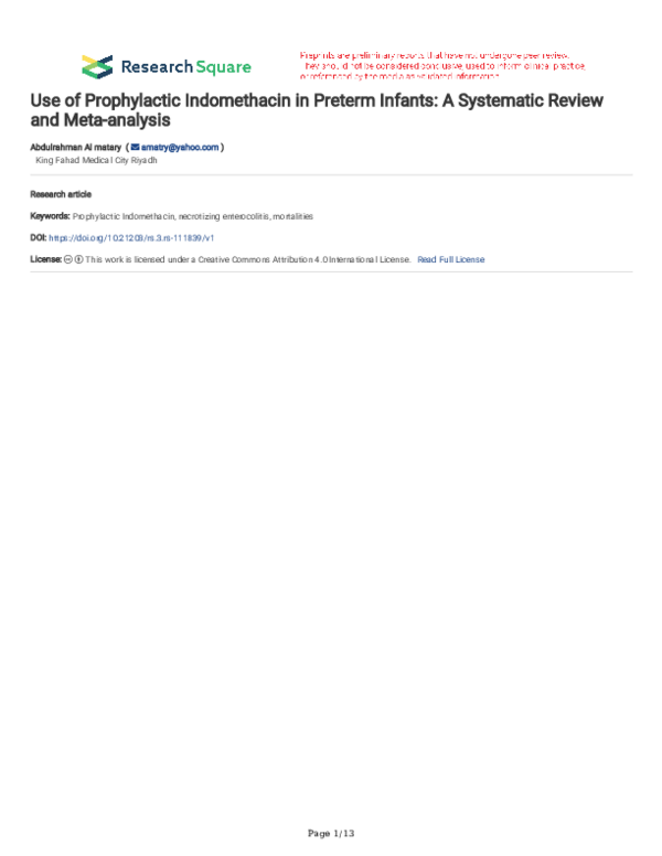 (PDF) Use of Prophylactic Indomethacin in Preterm Infants: A Systematic ...