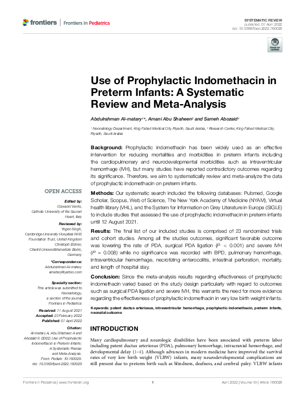 (PDF) Use of Prophylactic Indomethacin in Preterm Infants: A Systematic ...