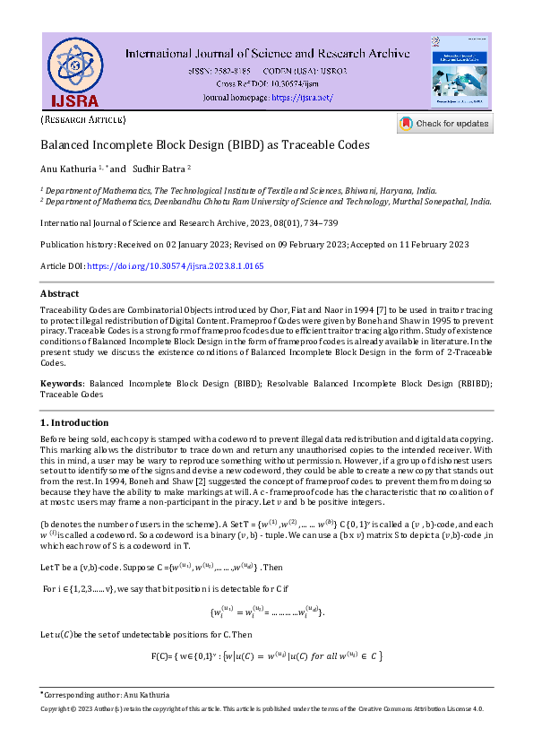 (PDF) Balanced Incomplete Block Design (BIBD) as traceable codes