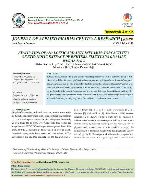 (PDF) Evaluation of analgesic and anti-inflammatory activity of ...