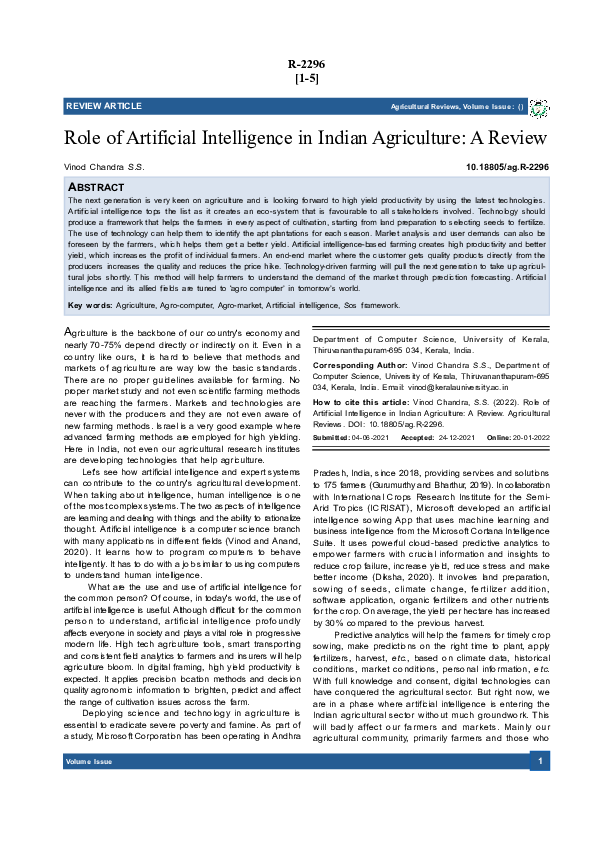 (PDF) Role of Artificial Intelligence in Indian Agriculture: A Review